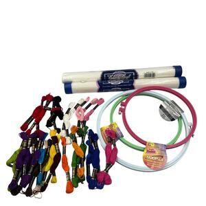 Craft Lot Cross Stitch Fabric 25 Skeins Embroidery Thread & 3 Plastic Hoop Rings